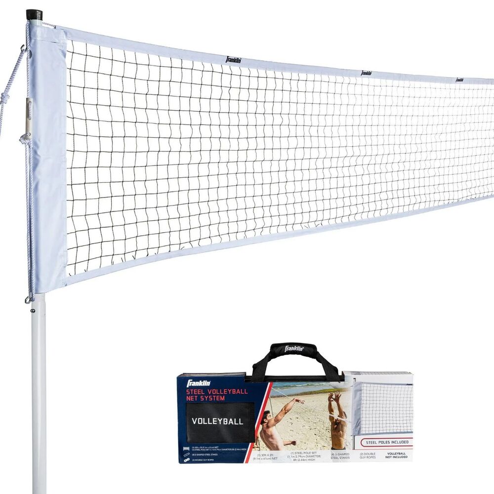 FRANKLIN SPORTS STEEL VOLLEYBALL NET SYSTEM LAWN SPORTS SET STAKES & NET - WHITE